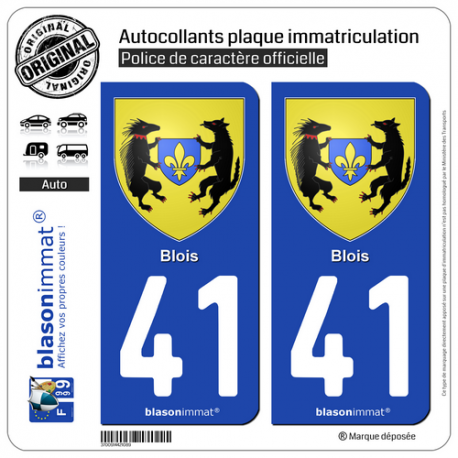 2 Autocollants plaque immatriculation Auto 41 Blois - Armoiries
