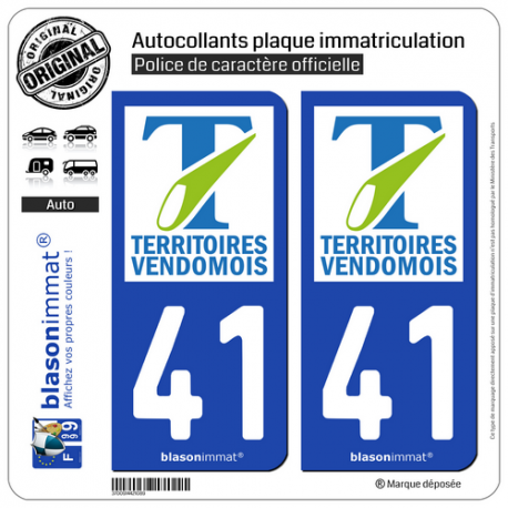 2 Autocollants plaque immatriculation Auto 41 Vendôme - Agglo