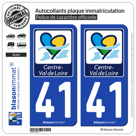 2 Autocollants plaque immatriculation Auto 41 Centre-Val de Loire - Région