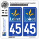 2 Autocollants plaque immatriculation Auto 45 Loiret - Département
