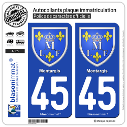 2 Autocollants plaque immatriculation Auto 45 Montargis - Armoiries