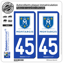2 Autocollants plaque immatriculation Auto 45 Montargis - Ville