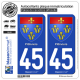 2 Autocollants plaque immatriculation Auto 45 Pithiviers - Armoiries