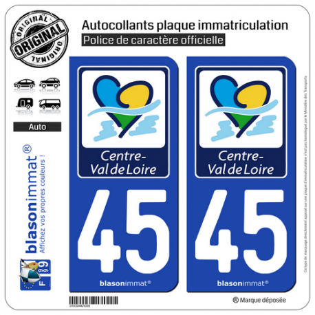 2 Autocollants plaque immatriculation Auto 45 Centre-Val de Loire - Région