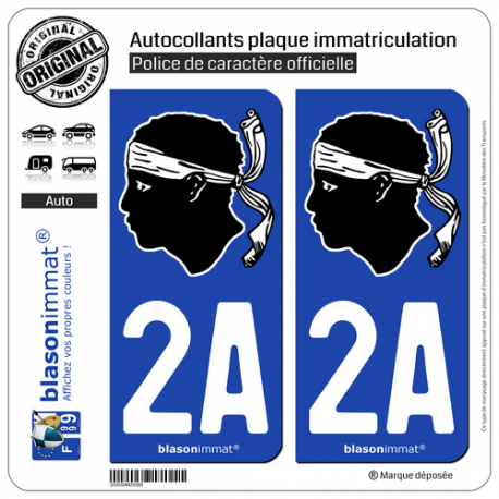 2 Autocollants plaque immatriculation Auto 2A Corsica - Tête de Maure