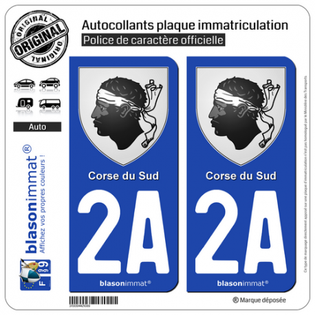 2 Autocollants plaque immatriculation Auto 2A Corse du Sud - Armoiries