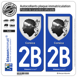 2 Autocollants plaque immatriculation Auto 2B Corsica - Armoiries