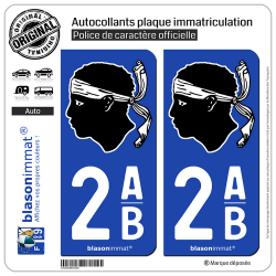 2 Autocollants plaque immatriculation Auto 2AB Corsica - Tête de Maure