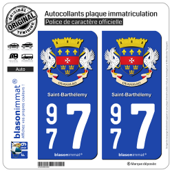 2 Autocollants plaque immatriculation Auto 977 Saint-Barthélemy - Armoiries