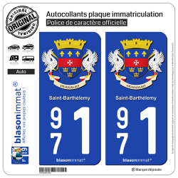 2 Autocollants plaque immatriculation Auto 971 Saint-Barthélemy - Armoiries