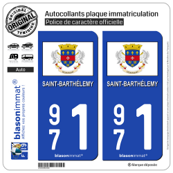 2 Autocollants plaque immatriculation Auto 971 Saint-Barthélemy - Drapeau