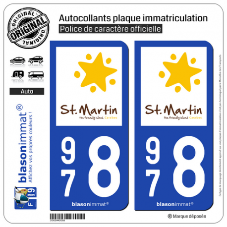 2 Autocollants plaque immatriculation Auto 978 Saint-Martin - Tourisme