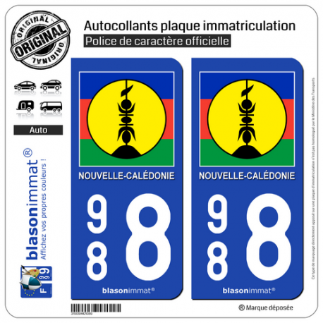 2 Autocollants immatriculation Auto 988 Nouvelle-Calédonie - Drapeau Kanaky