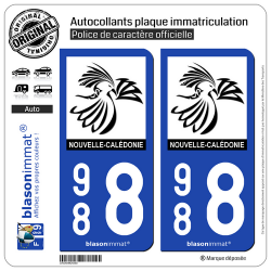 2 Autocollants plaque immatriculation Auto 988 Nouvelle-Calédonie - Le Cagou