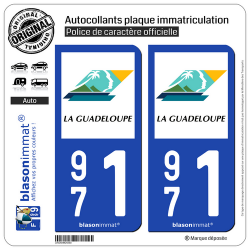 2 Autocollants plaque immatriculation Auto 971 Guadeloupe - Département