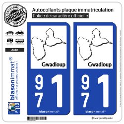 2 Autocollants plaque immatriculation Auto 971 Gwadloup - Carte