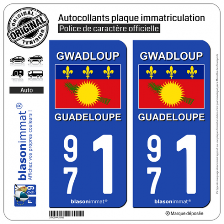 2 Autocollants plaque immatriculation Auto 971 Guadeloupe - Drapeau