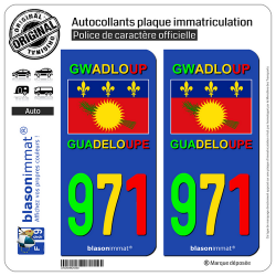 2 Autocollants plaque immatriculation Auto 971 Guadeloupe - VJR Drapeau