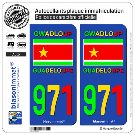 2 Autocollants immatriculation Auto 971 Guadeloupe - VJR Drapeau Indépendantiste