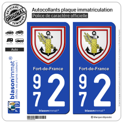 2 Autocollants plaque immatriculation Auto 972 Fort-de-France - Armoiries