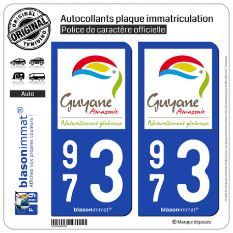 2 Autocollants plaque immatriculation Auto 973 Guyane - Tourisme
