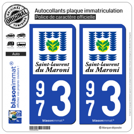 2 Autocollants plaque immatriculation Auto 973 Saint-Laurent-du-Maroni - Ville