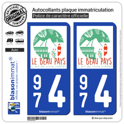 2 Autocollants plaque immatriculation Auto 974 Réunion du Nord - Tourisme