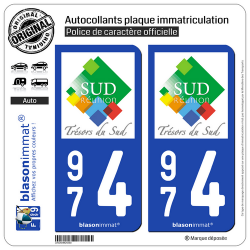 2 Autocollants plaque immatriculation Auto 974 Réunion du Sud - Tourisme