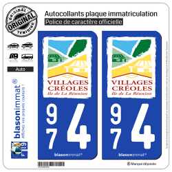 2 Autocollants plaque immatriculation Auto 974 Réunion - Villages Créoles