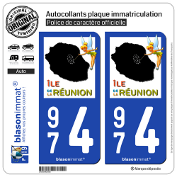 2 Autocollants plaque immatriculation Auto 974 Réunion - Fée Clochette
