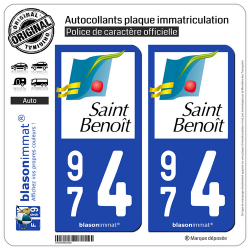 2 Autocollants plaque immatriculation Auto 974 Saint-Benoît - Ville