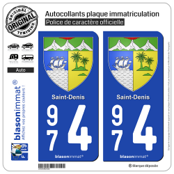 2 Autocollants plaque immatriculation Auto 974 Saint-Denis - Armoiries