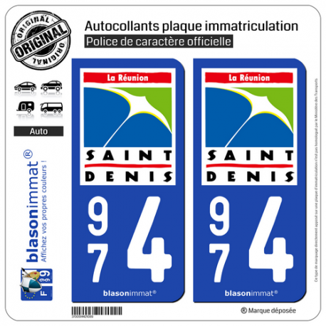 2 Autocollants plaque immatriculation Auto 974 Saint-Denis - Ville