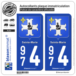 2 Autocollants plaque immatriculation Auto 974 Sainte-Marie - Armoiries