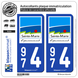 2 Autocollants plaque immatriculation Auto 974 Sainte-Marie - Ville