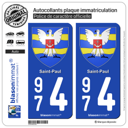 2 Autocollants plaque immatriculation Auto 974 Saint-Paul - Armoiries