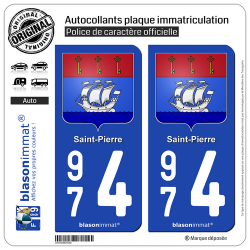 2 Autocollants plaque immatriculation Auto 974 Saint-Pierre - Armoiries