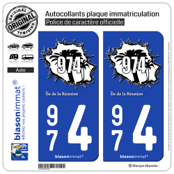 2 Autocollants plaque immatriculation Auto 974 Réunion - en Force