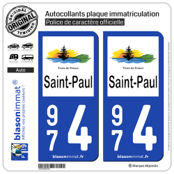 2 Autocollants plaque immatriculation Auto 974 Saint-Paul - Ville