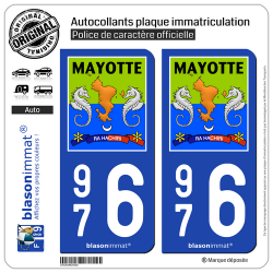 2 Autocollants plaque immatriculation Auto 976 Mayotte - Collector