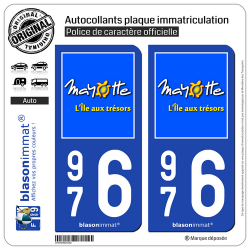 2 Autocollants plaque immatriculation Auto 976 Mayotte - Île aux Trésors