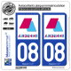 2 Autocollants plaque immatriculation Auto 08 Charleville-Mézières - Agglo