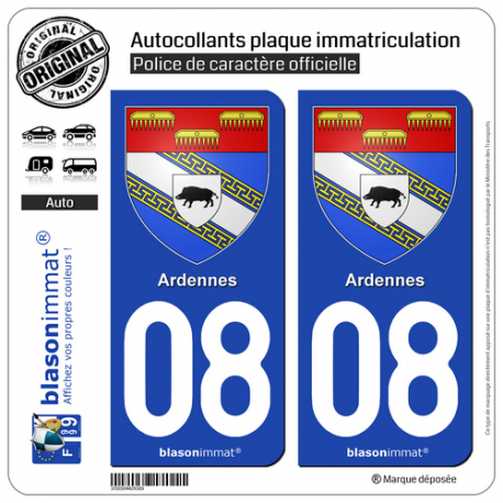 2 Autocollants plaque immatriculation Auto 08 Ardennes - Armoiries