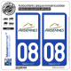 2 Autocollants plaque immatriculation Auto 08 Ardennes - Département