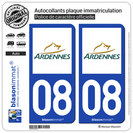 2 Autocollants plaque immatriculation Auto 08 Ardennes - Département