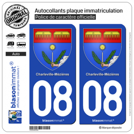 2 Autocollants plaque immatriculation Auto 08 Charleville-Mézières - Armoiries