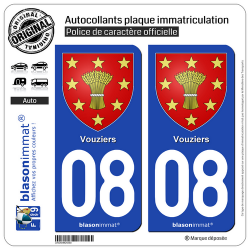 2 Autocollants plaque immatriculation Auto 08 Vouziers - Armoiries