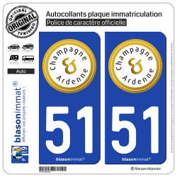 2 Autocollants plaque immatriculation Auto 51 Champagne-Ardenne - Tourisme