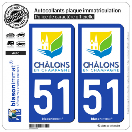 2 Autocollants plaque immatriculation Auto 51 Châlons-en-Champagne - Ville