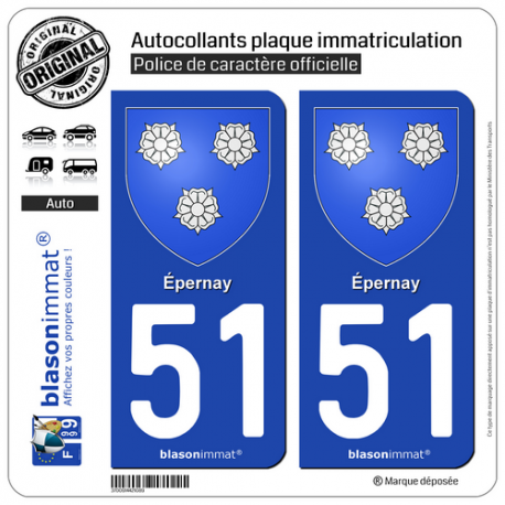 2 Autocollants plaque immatriculation Auto 51 Épernay - Armoiries
